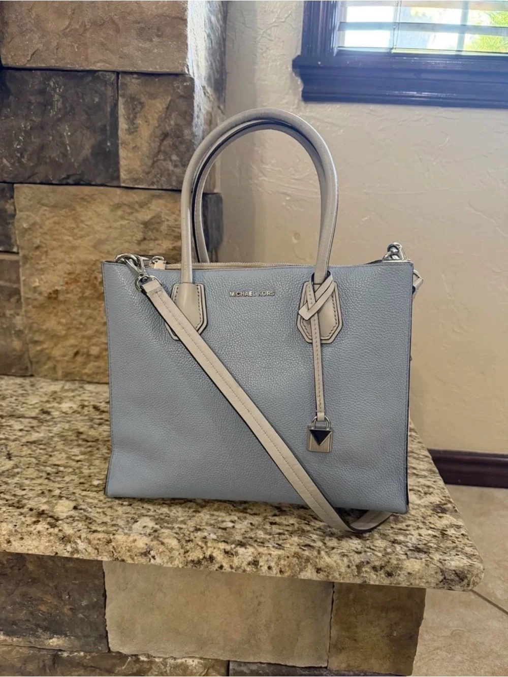 Michael Kors Pale Blue Leather Crossbody Tote with Cream Trim